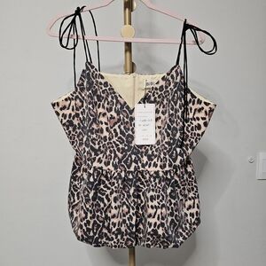 BiBi Tan/ Black Leopard Print Tie-Shoulder Peplum Camisole SZ XL.